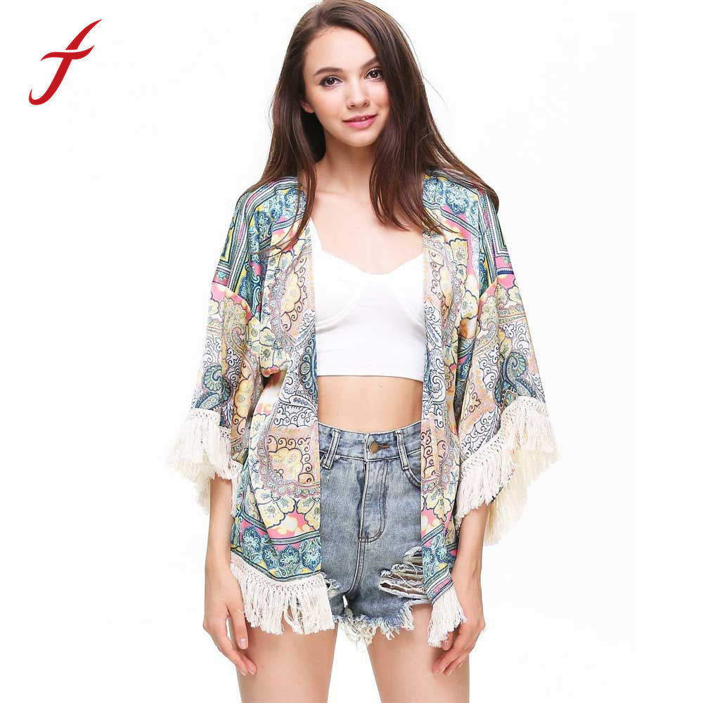 Harajuku Women Blouses Multicolor Geometric Tribal Print Tassel Hem Kimono Cardigan Designer blusas IMY66