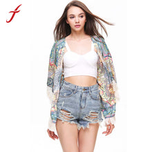 Harajuku Women Blouses Multicolor Geometric Tribal Print Tassel Hem Kimono Cardigan Designer blusas IMY66