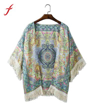 Harajuku Women Blouses Multicolor Geometric Tribal Print Tassel Hem Kimono Cardigan Designer blusas IMY66