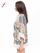 Harajuku Women Blouses Multicolor Geometric Tribal Print Tassel Hem Kimono Cardigan Designer blusas IMY66