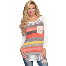 Women Long Sleeve Tops Knitted Slim Patchwork Striped Lace Pocket O-neck Tee Shirt T-Shirts IMY66