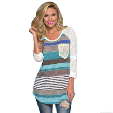 Women Long Sleeve Tops Knitted Slim Patchwork Striped Lace Pocket O-neck Tee Shirt T-Shirts IMY66