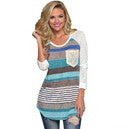 Women Long Sleeve Tops Knitted Slim Patchwork Striped Lace Pocket O-neck Tee Shirt T-Shirts IMY66