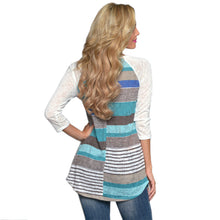 Women Long Sleeve Tops Knitted Slim Patchwork Striped Lace Pocket O-neck Tee Shirt T-Shirts IMY66