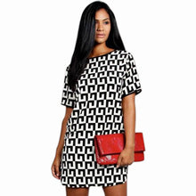 Women Casual Loose Short Sleeves Print Black White Plaid Party Elegant Dress IMY66