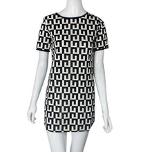 Women Casual Loose Short Sleeves Print Black White Plaid Party Elegant Dress IMY66