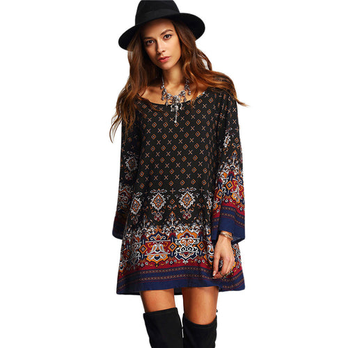 Female Styel Dresses Multicolor Scoop Neck Bell Long Sleeve Vintage Print Shift Short Dress IMY66