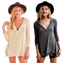 Hollow Out T-Shirt Women Baggy Fit V Neck Hooded Knitwear Pullover Sexy Womens Tops Tee Shirt Femme Camisetas Mujer IMY66