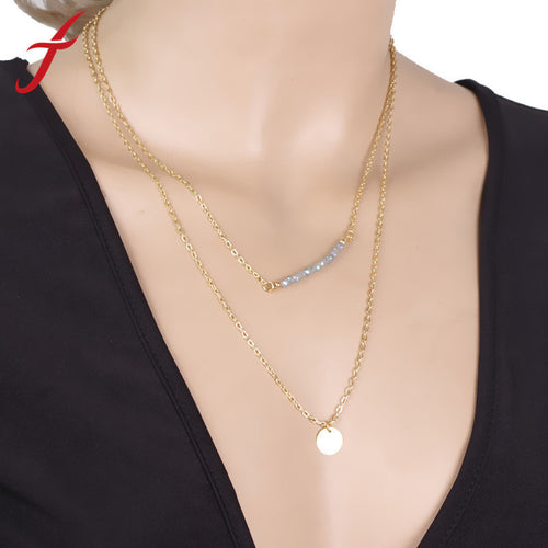 Women Gold Plated Multilayer Beads Pendant Paillette Chain Statement Necklace Jewelry IMY66