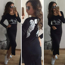 Korean Women Sexy Open Fork Dresses Casual Sexy Slim Gray Wing Print Long Sleeve Knee Dress Vestidos IMY66