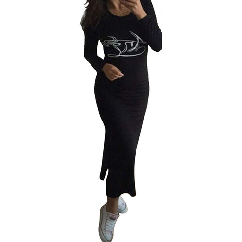 Korean Women Sexy Open Fork Dresses Casual Sexy Slim Gray Wing Print Long Sleeve Knee Dress Vestidos IMY66