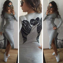 Korean Women Sexy Open Fork Dresses Casual Sexy Slim Gray Wing Print Long Sleeve Knee Dress Vestidos IMY66