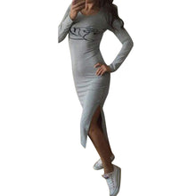 Korean Women Sexy Open Fork Dresses Casual Sexy Slim Gray Wing Print Long Sleeve Knee Dress Vestidos IMY66