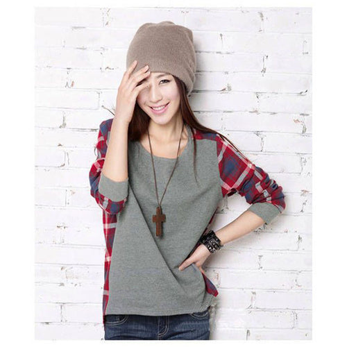 Korean T-Shirt For Women Loose Long Sleeve Spliced Plaid Tee Women Casual T-Shirts Contrast Color Tops IMY66