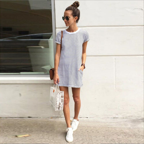 Korean Women Round Neck Dresses Striped Short Sleeve Straight Short Casual Mini Dress Vestido Femininos IMY66
