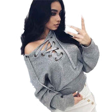 Lace up sweater women Sexy Long Sleeve Knitting Tops V Neck Loose Casual jumper Pullovers pull femme IMY66