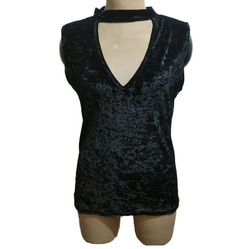 Ladies Womens Sexy Tank Tops Solid Velvet Hollow Sleeveless Choker V Neck Tops Camis Vest cropped feminino IMY66