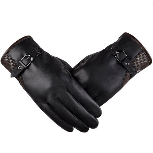 Men Thermal Sports PU Leather Gloves Belt Touch Screen Gloves Mittens Cashmere Gloves For Men IMY66