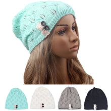 Hat For Women Leaves solid color Button Hollow Out knitted Hat Cap Female Skullies Bonnet femme IMY66