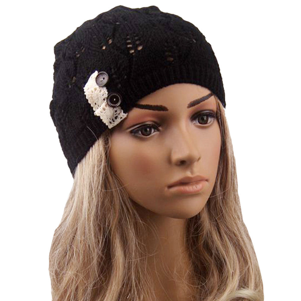 Hat For Women Leaves solid color Button Hollow Out knitted Hat Cap Female Skullies Bonnet femme IMY66