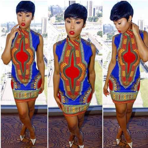 Dress Women Plus Size Casual African Traditional Print Straight Turtleneck Sleeveless Dresses vestidos IMY66