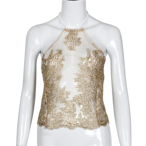 Elegant white lace crop top beach backless short halter tops Sexy halter camis gauze metallic women tank top IMY66