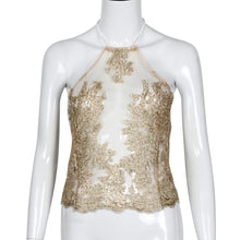 Elegant white lace crop top beach backless short halter tops Sexy halter camis gauze metallic women tank top IMY66