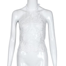 Elegant white lace crop top beach backless short halter tops Sexy halter camis gauze metallic women tank top IMY66