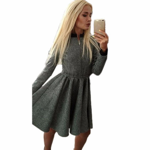Women Lady Elegant Dresses Casual Zipper Long Sleeve Bodycon Party Mini Dress Grey Color IMY66