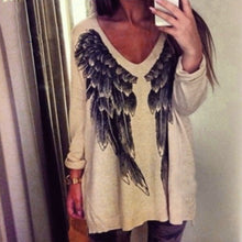 Women Casual Long Sleeve V Neck Wing Printed Front Loose Boho Top T-Shirt Dress blusa feminina IMY66