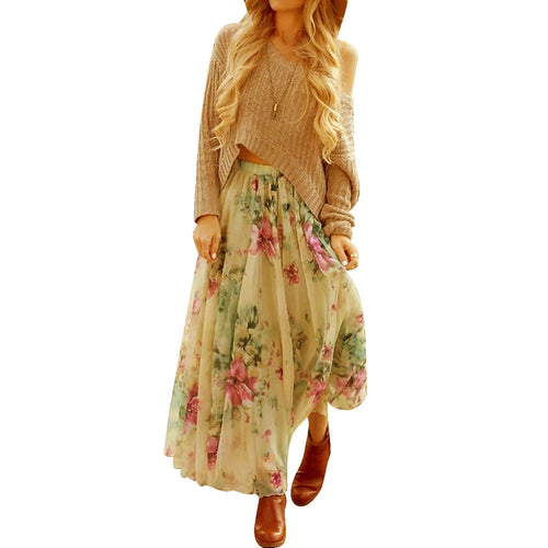 Floral Patterns Pleated Elastic Waist Long Maxi Skirt Big Bottom Printed Bohemia Skirt Women Full Long Chiffon Skirt IMY66