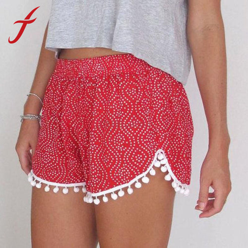 Women Cute Polka Dot Printed High Waist Casual Elastic Tassel Beach Boho Shorts Feminino Free Shippping IMY66