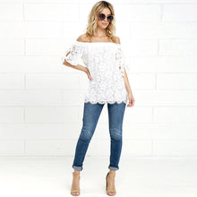 Sexy Off Shoulder Blouse Women Lace Shirt Casual Short Sleeve Shirts Tops Beach Blouses White Blusas IMY66