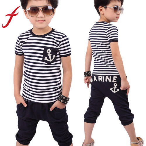 Children Kids Boys Clothes Clothing Navy Striped Short Sleeve T-shirt And Pants Suits Sets IMY66
