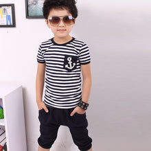 Children Kids Boys Clothes Clothing Navy Striped Short Sleeve T-shirt And Pants Suits Sets IMY66