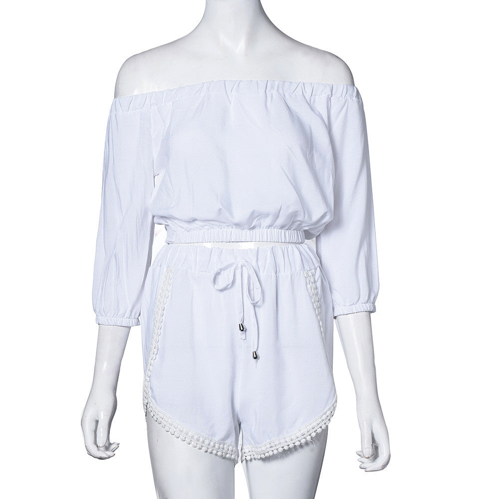 Style Casual 2 Pieces Set Dress Women's Sexy Off Shoulder Solid Color Lace Dress Suit Beach Wear vestidos IMY66