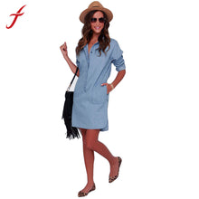 women casual socket female long washed loose Long sleeve do old cowboy denim Shirt dress vestidos plus size IMY66