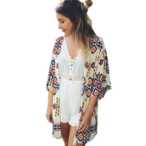 Vintage Womens Casual Geometry Floral Printed Chiffon Loose Shawl Kimono Cardigan Tops Blouse IMY66