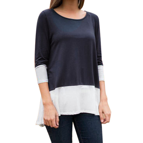 Women Black White Patchwork Three Quarter Sleeve Casual Loose Long Tee Shirts Dress Tops Shirt blusa feminina IMY66