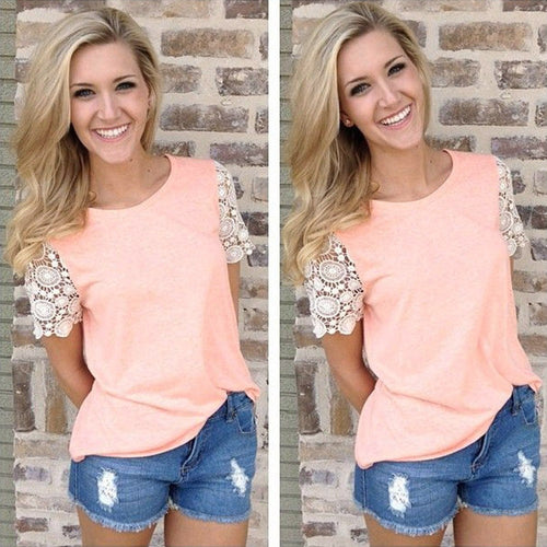 Women Casual Lace CrocheT-Shirt Tops Female Women Ladies Lace Short Sleeve Cotton Blouse Lace Blusas IMY66