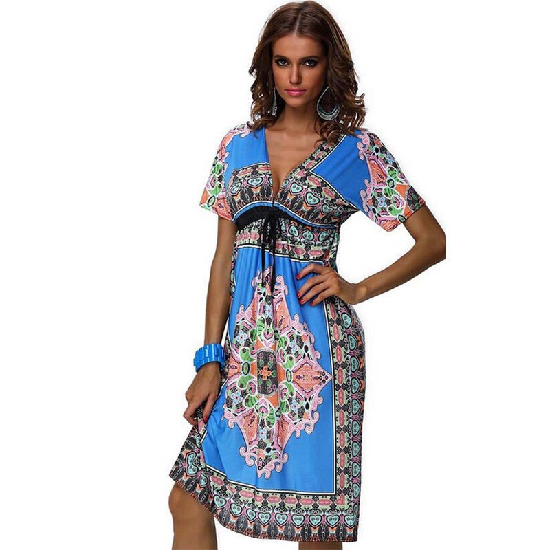 Women Dress 1970s Vintage Paisley Print Sexy V Neck Hippie Bohemian Beach Dress vestidos femininos robe femme IMY66