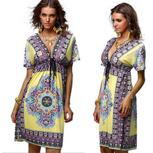 Women Dress 1970s Vintage Paisley Print Sexy V Neck Hippie Bohemian Beach Dress vestidos femininos robe femme IMY66