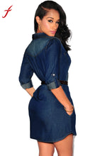 vintage women ladies Sexy dresses Dark Blue Cowboy denim long sleeve Mini dress With Belt vestido femininos IMY66