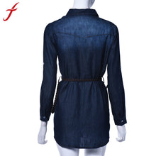 vintage women ladies Sexy dresses Dark Blue Cowboy denim long sleeve Mini dress With Belt vestido femininos IMY66