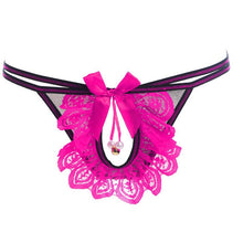 Open File Lace Pearl Pendant Bow Flowers Briefs Sexy Thong G-String Underwear For Women IMY66