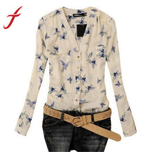 Plus Size xxl Women's Elegant V Neck Bird Print Chiffon Blouse Long Sleeve Casual Slim Shirts Tops IMY66