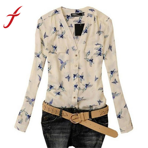 Plus Size xxl Women's Elegant V Neck Bird Print Chiffon Blouse Long Sleeve Casual Slim Shirts Tops IMY66