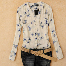 Plus Size xxl Women's Elegant V Neck Bird Print Chiffon Blouse Long Sleeve Casual Slim Shirts Tops IMY66