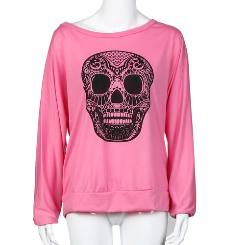 Rock Punk Women T-Shirts Casual Loose Skull Printing Off The Shoulder Long-sleeved T-shirt Tops camisetas y tops IMY66