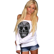 Rock Punk Women T-Shirts Casual Loose Skull Printing Off The Shoulder Long-sleeved T-shirt Tops camisetas y tops IMY66